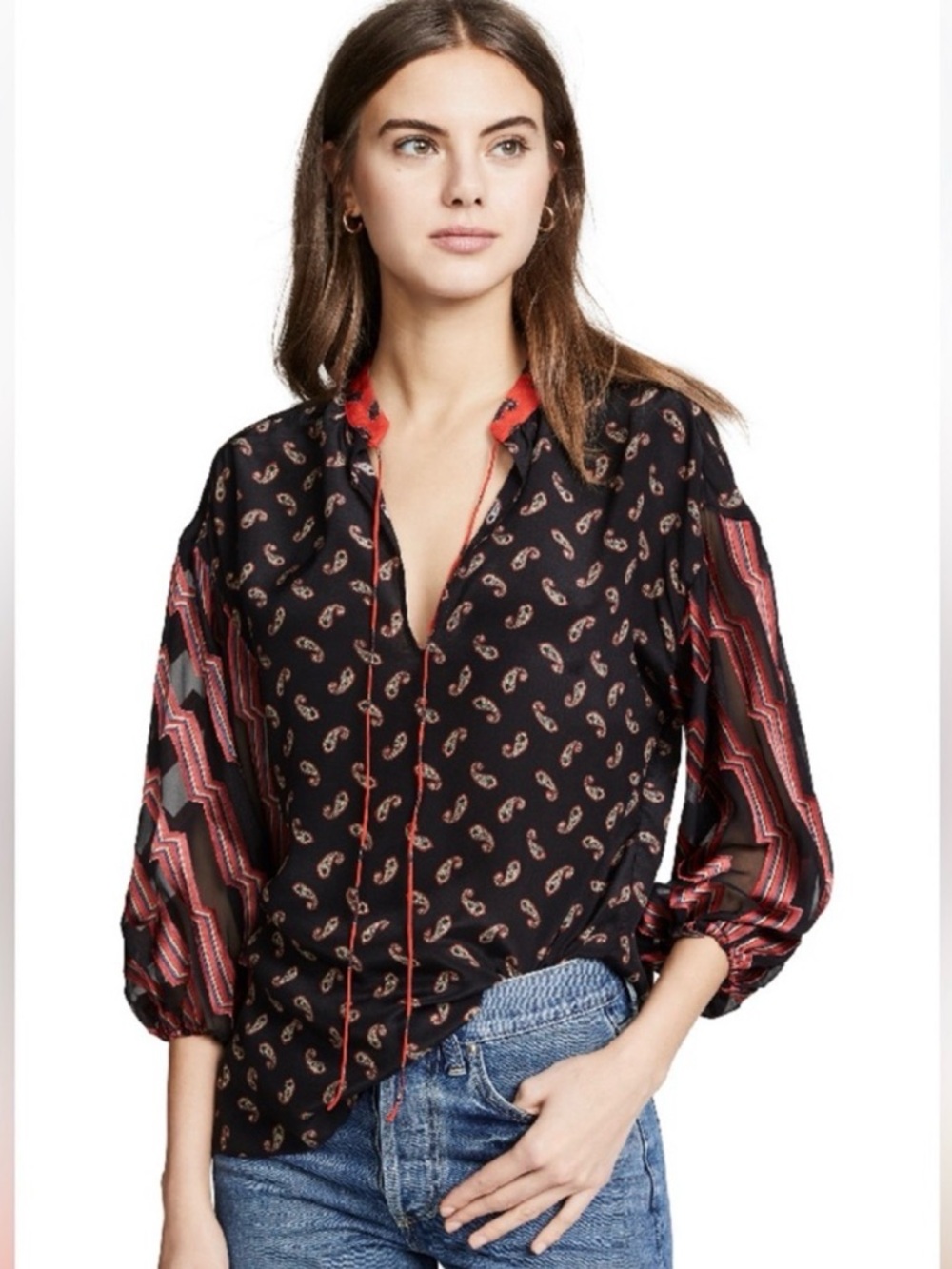 alice + olivia Black Paisley Blouse with Red Accents - XS
